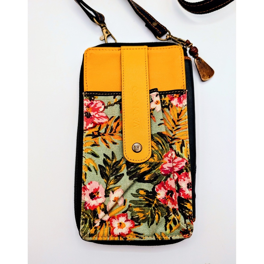 Vaan & Co Upcycled Leather Tropical Floral Crossbody Wallet Bag Yellow Black